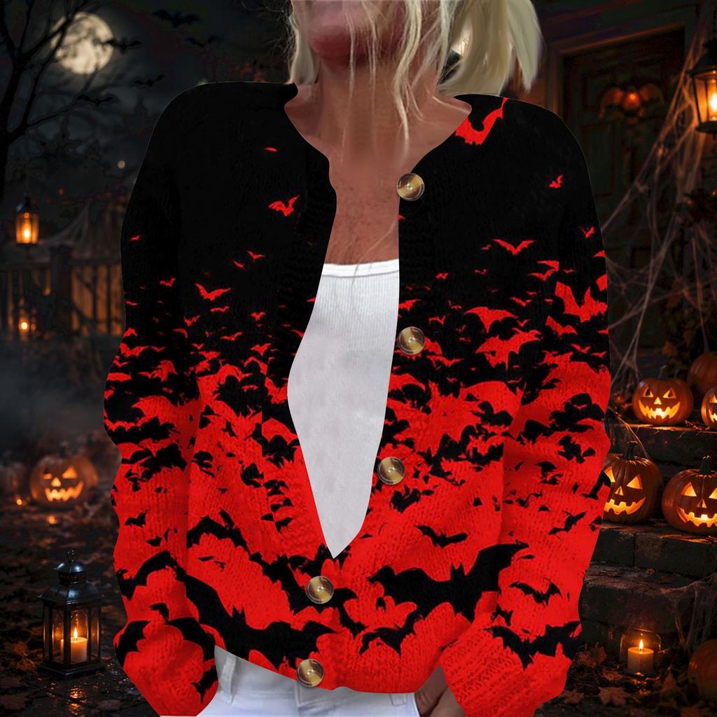Damen Halloween Print Langarm Strickjacke Knopfleiste Mantel