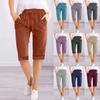 Women's Drawstring Mid Waist Capri Pants Loose Straight Leg Linen Five Point Trousers Elegant Solid Pocket Casual Home Shorts
