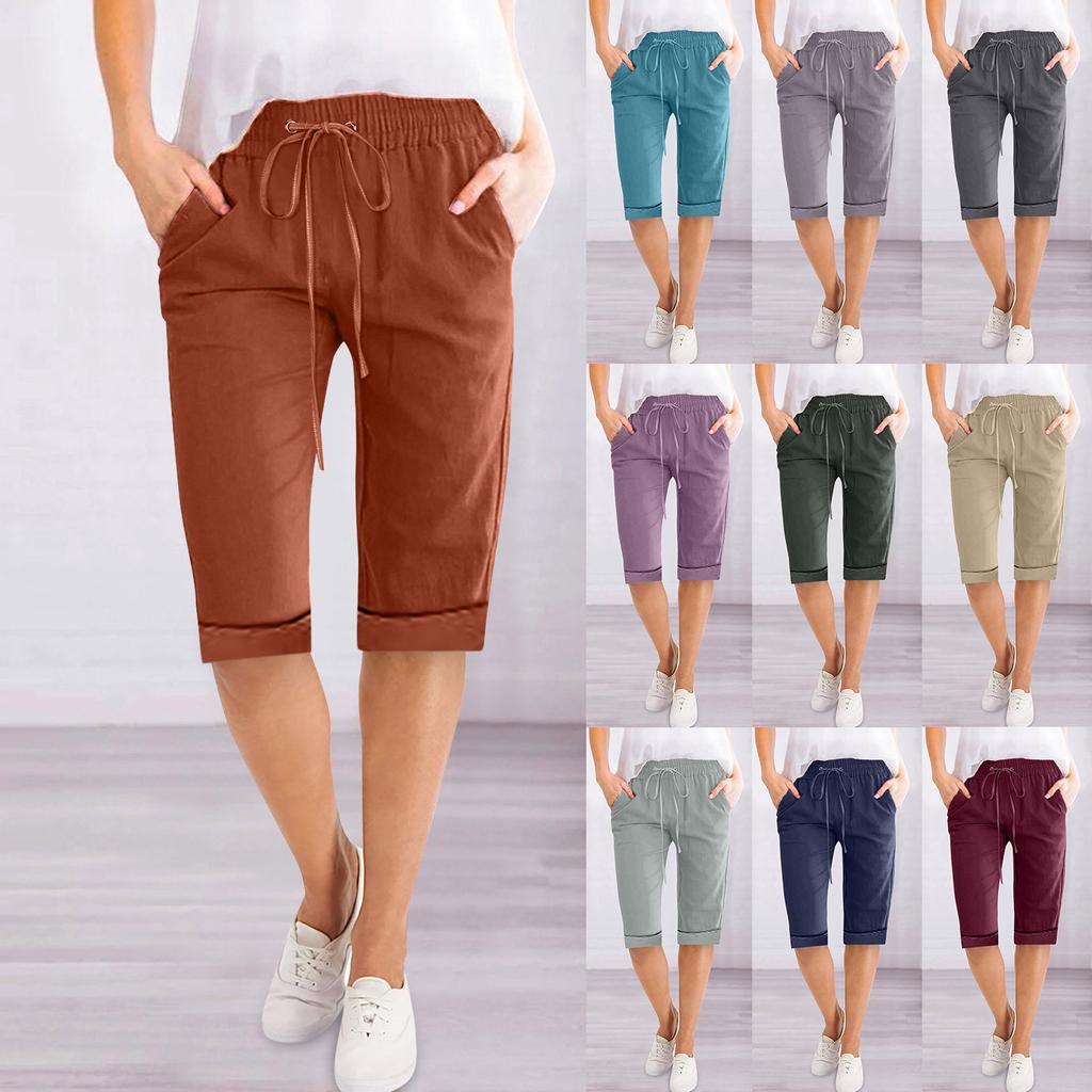 Women's Drawstring Mid Waist Capri Pants Loose Straight Leg Linen Five Point Trousers Elegant Solid Pocket Casual Home Shorts