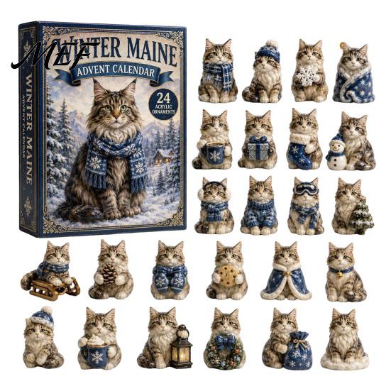 Festive Room Decor Christmas Cat Advent Calendar, 24 Day Countdown with Cute Ornaments, 2D Acrylic Kitty Holiday Decorations, Gift for