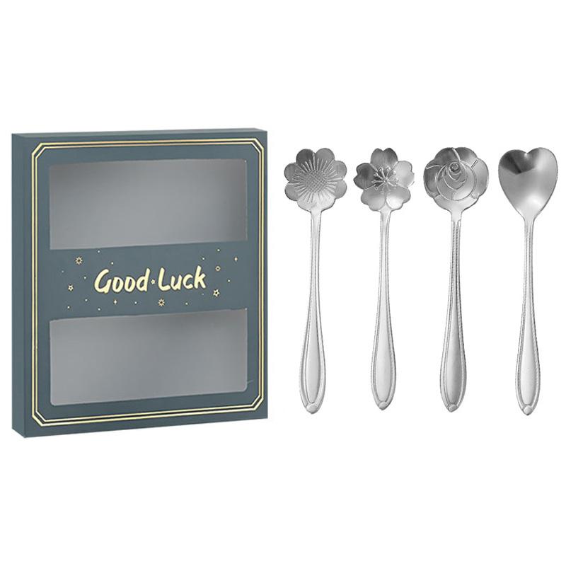 4PCS/Set 12.4-12.6cm Stainless Steel Flower Shape Spoons Coffee Mixing Ice Cream Dessert Spoons