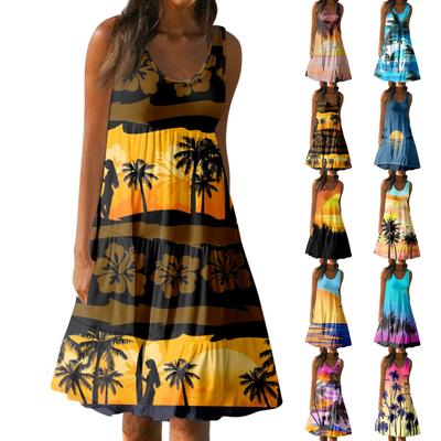 Damen Sommerkleid, lässig, Rundhalsausschnitt, ärmellos, lockerer Strandrock, modischer Print