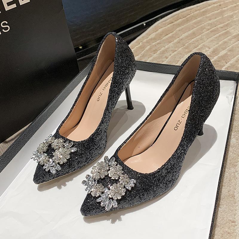 Strass Pailletten flache hohe Absätze Damen 2025 Sommer neue Ein-Pedal Damen Schuhe, dünne Absätze machen nicht müde, und einzelne Schuhe werden draußen getragen