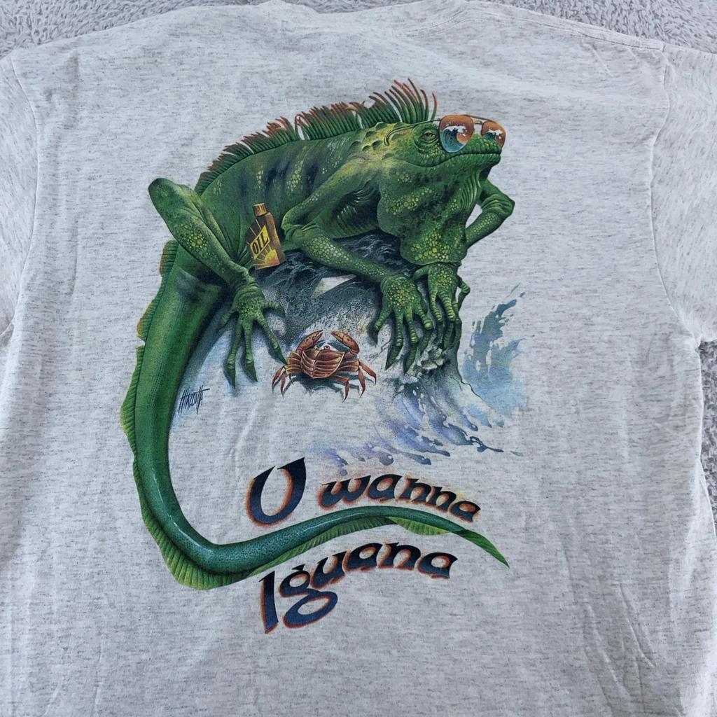 Chemise Vintage Âme Caribéenne L/XL Iguane Gris U Wanna Tee Fabriqué USA Années 90 Plage