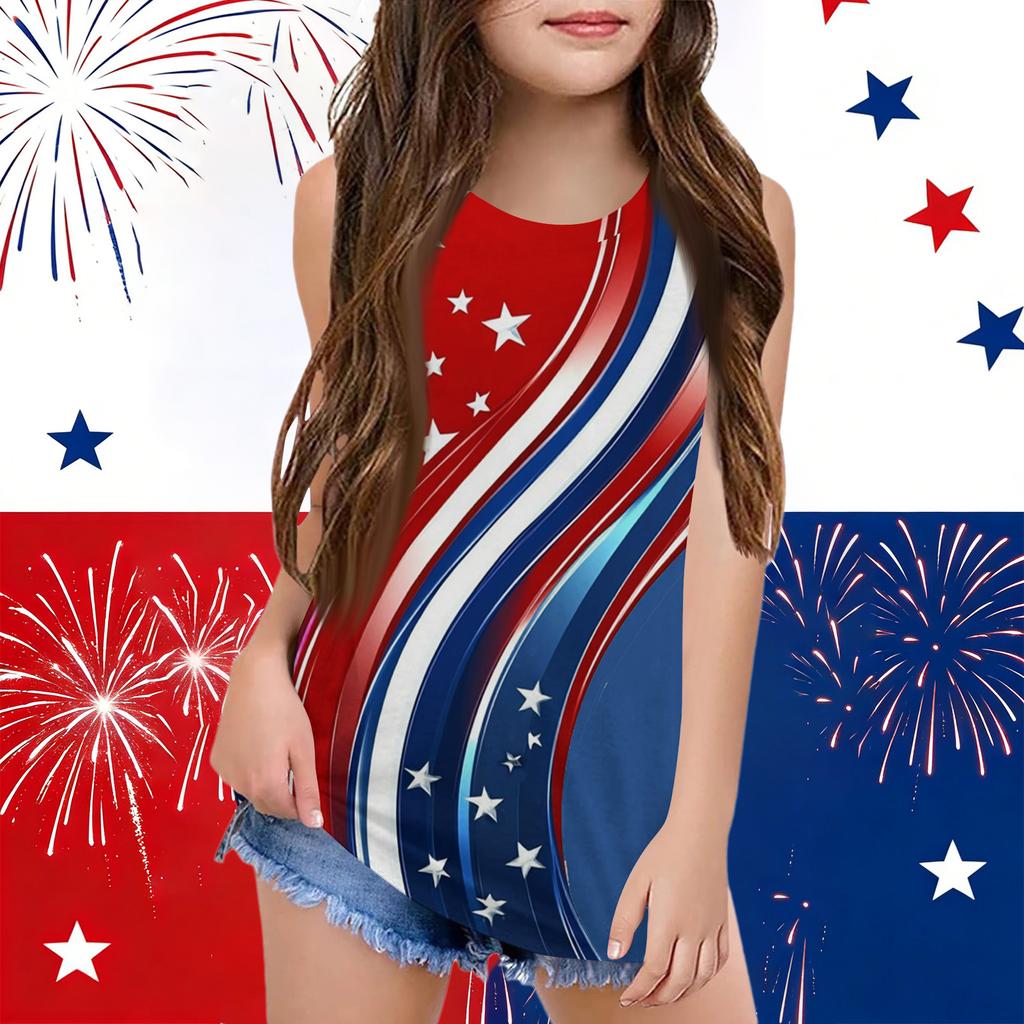 Girls  Kids Summer Crewneck Sleeveless Shirts Tank Tops Independence Day