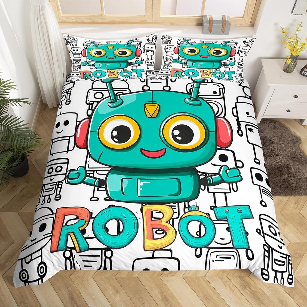 Cartoon Robot Duvet Cover Watercolor Screw Tools Bedding Set Modern Sci-Fi Robot Comforter Cover For Kids Polyester Quilt Cover
