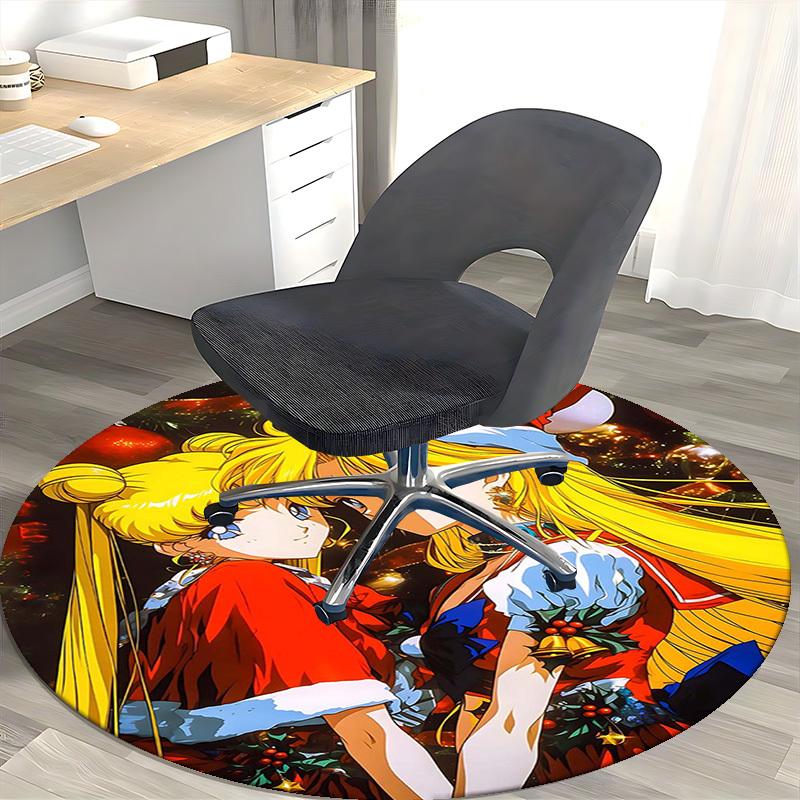 1pc Anime Christmas Sailor Moon Round Carpet Office Chair Mat, NonSlip Rug for Home Decor, Living Room, Bedroom