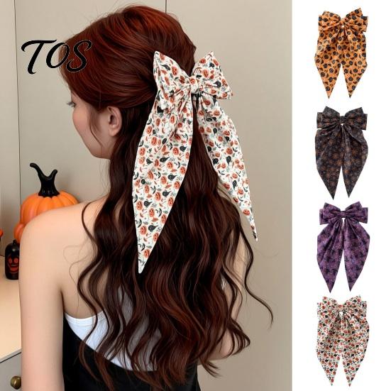 Halloween Bow Accessory Silky Satin Hair Bows, Big Ribbon Clips, Oversized Long Tail Barrettes, Hairpin Cute Pumpkin Ghost Witch Hat Spider