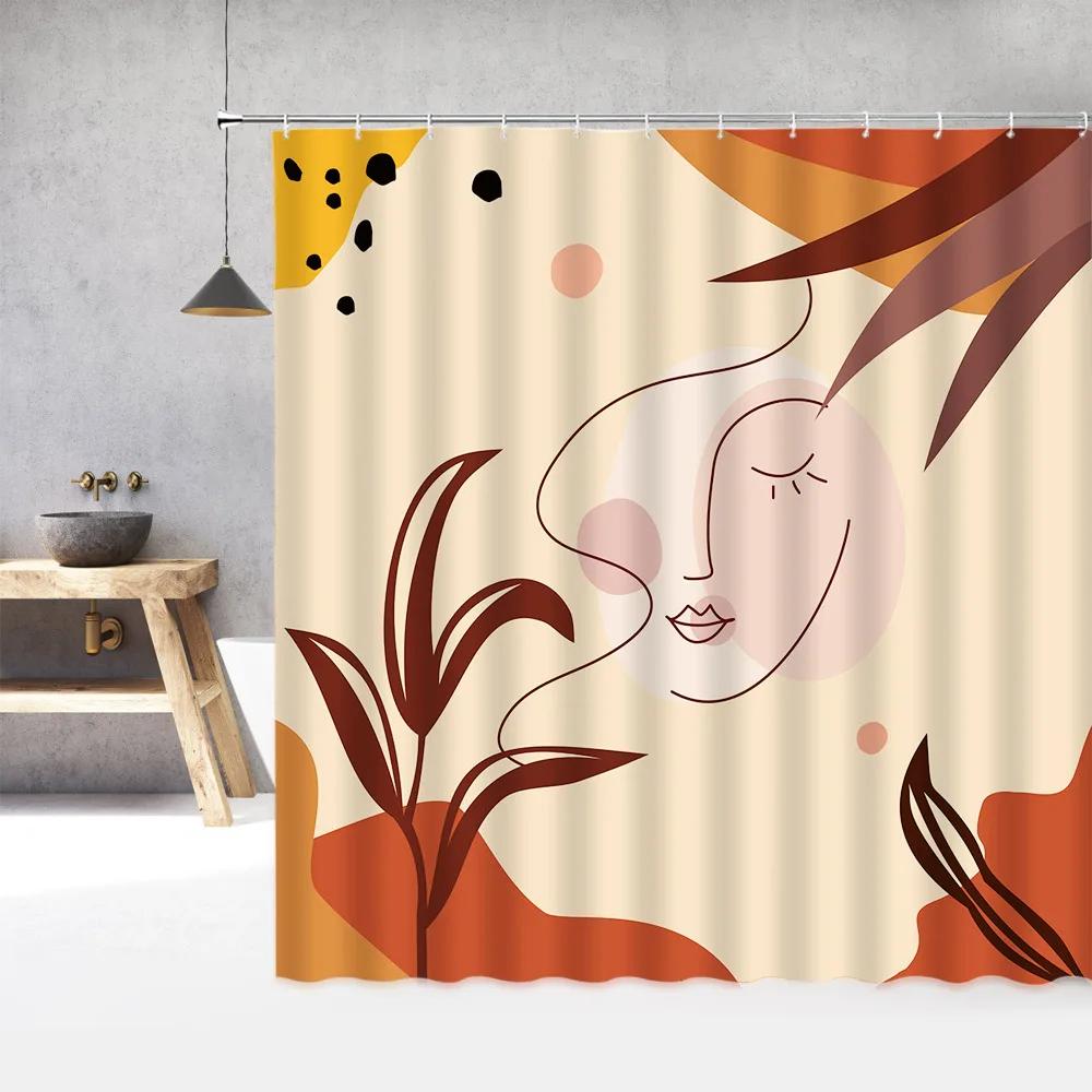 Modern Abstract Face Shower Curtain, Simple Female Silhouettes Pastel Colors Line Color Bath Curtain for Bathroom with Hooks