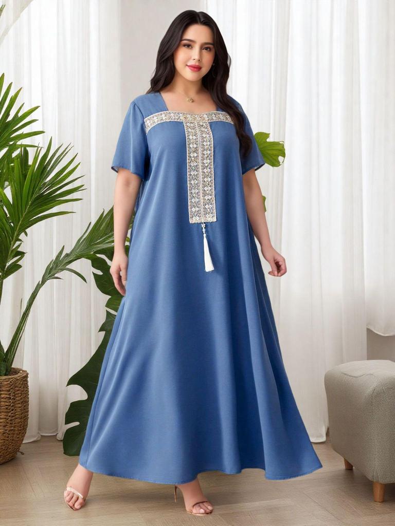 Middle Eastern Dubai-Inspired Plus Size Ribbon Tassel Dress - Short Sleeve, Square Neck, Loose Fit