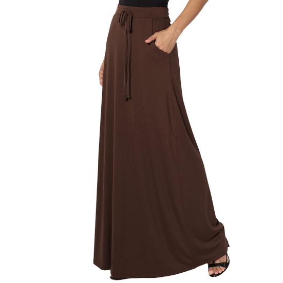 Women Maxi Skirt Adjustable Drawstring High-Waisted Solid Color Long Skirt with Pockets Casual Work Skirt