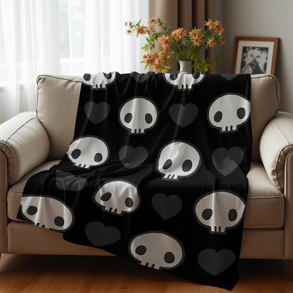 Skull Heart Grid Dark Motif Cartoon Anime Print Flannel Blanket Soft Warm Throw for Kids Bedroom Sofa Christmas Office Car
