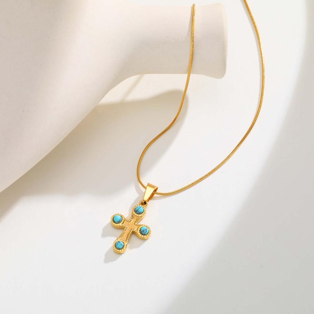 Colorful Natural Stone Cross Pendant Necklace,Gold Color Stainless Steel Snake Chain Necklaces,Charm Jewelry Gift