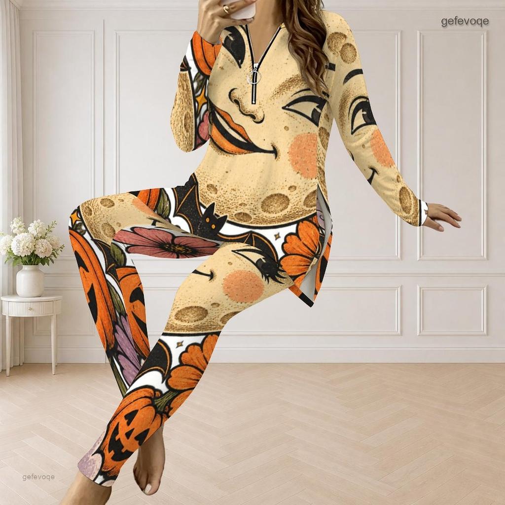 Women Plus Size Halloween Printed Two Piece Pants Set Half Zip Long Sleeve Top And Long Pants