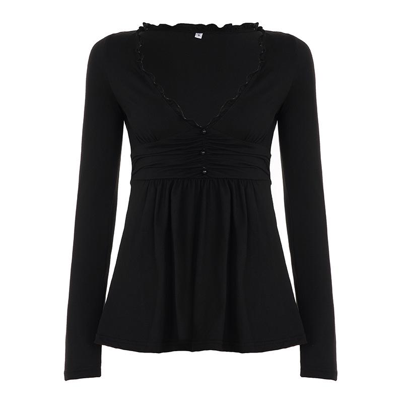 

Elegant Long-Sleeve V-neck Ruffle A-line Solid Color Women s Top S