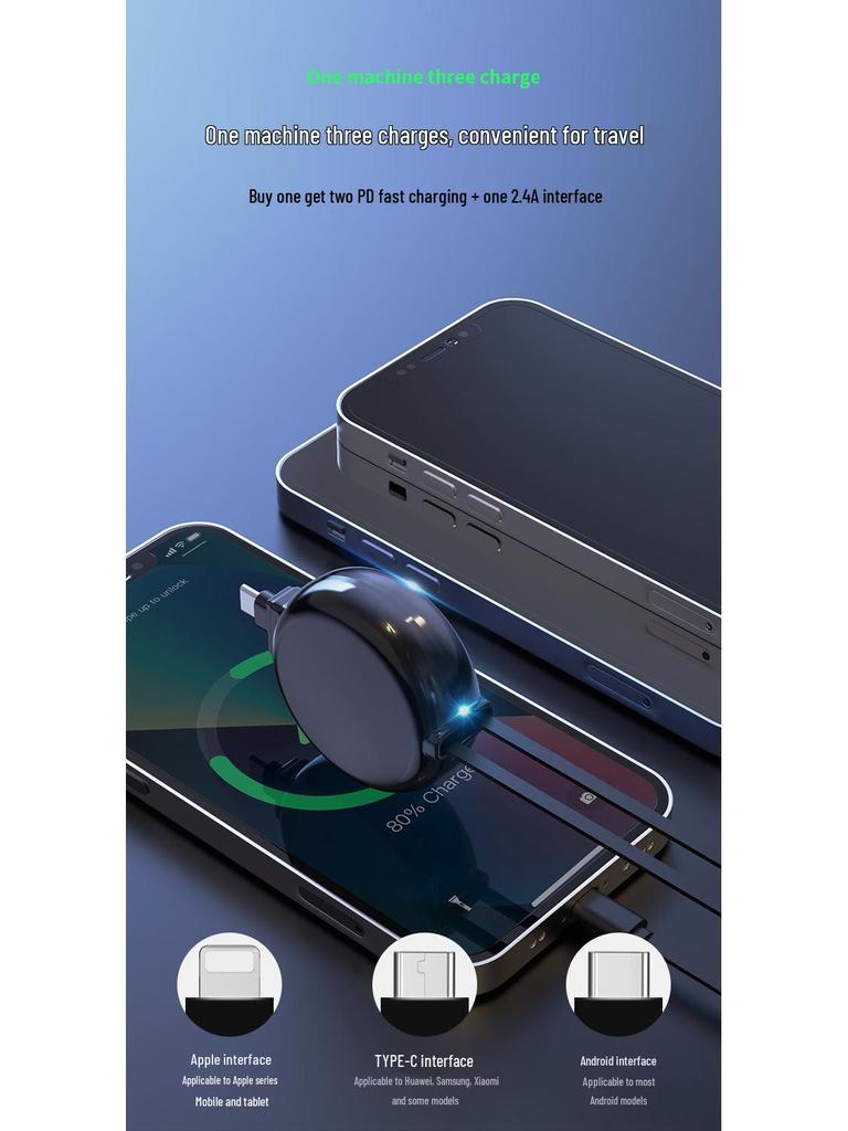 Three-in-One Retractable USB Charger: Fast Type-C Charging Cable for Apple, Huawei, and More