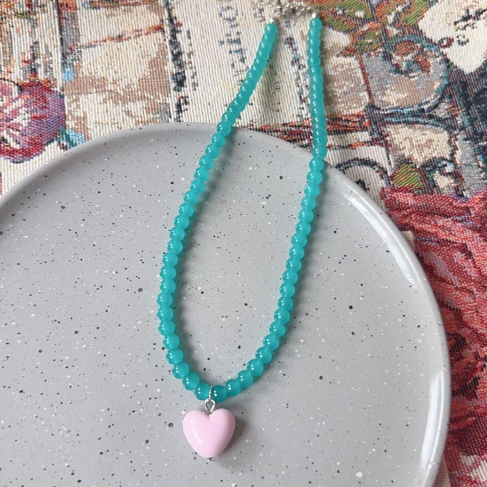 Candy Color Dopamine Heart Pendant Necklace Glass Beaded Beads Neck Chain Choker Necklace  For Girl