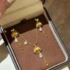 Elegant Vintage Gold Plated Lily of The Valley Necklace and Earrings Set for Women Floral Tassel Drop Dangle Jewelry