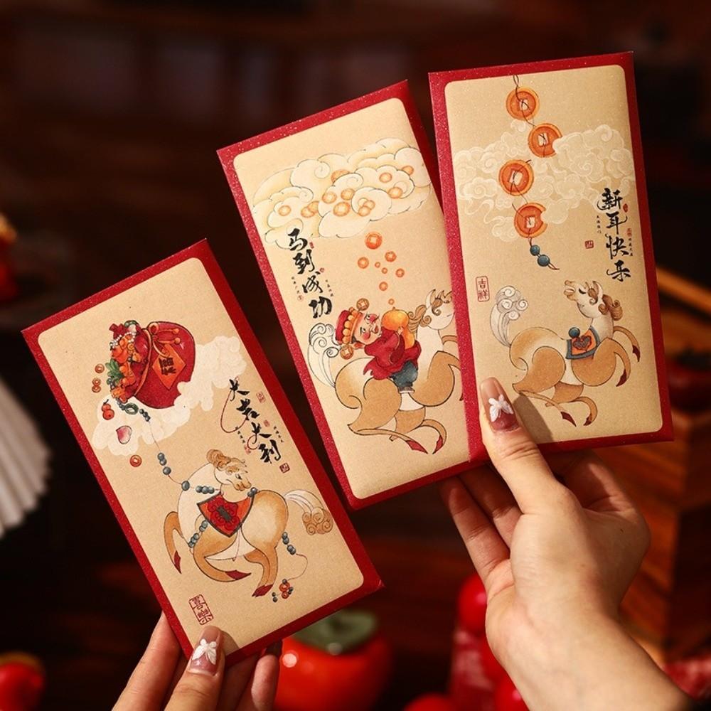 6pcs Chinese Style 2026 Horse Year Red Envelopes Cartoon Thickened Lucky Money Envelopes Blessing HongBao Money Bag Celebration