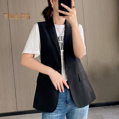 Women Business Vest Turn-down Collar Single Button Closure Sleeveless Mid Length Formal Office Attire Solid Color Cardigan Waistcoat Workplace Outfit