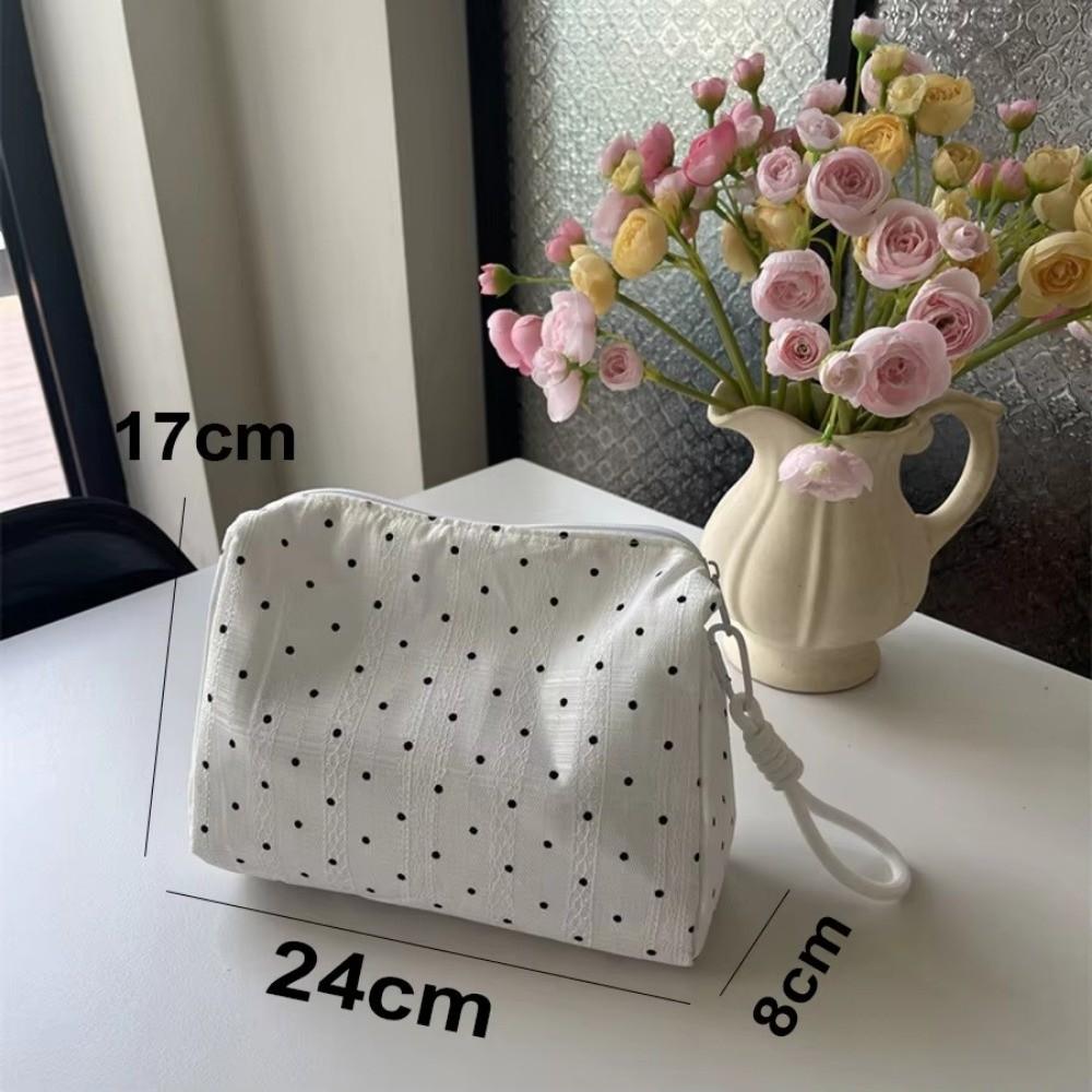 Women Quilting Black Dot Makeup Bag Large Capacity Sweet Style Toiletry Bag Zipper Storage Pouch Cosmetic Organizer Pouch