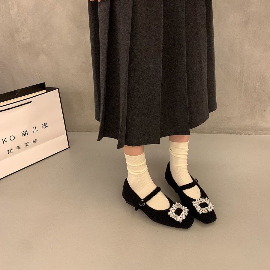 Fleece temperament Mary Jane shoes women's 2025 new French square head rhinestone woolen shoes women's winter flat shoes