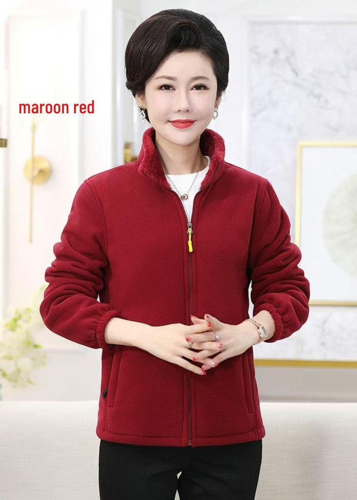Cross-Season Fleece Jacket with Lining, Loose-Knit Cardigan, Casual Sweatshirt, Stand Collar for Middle-Aged and Elderly.