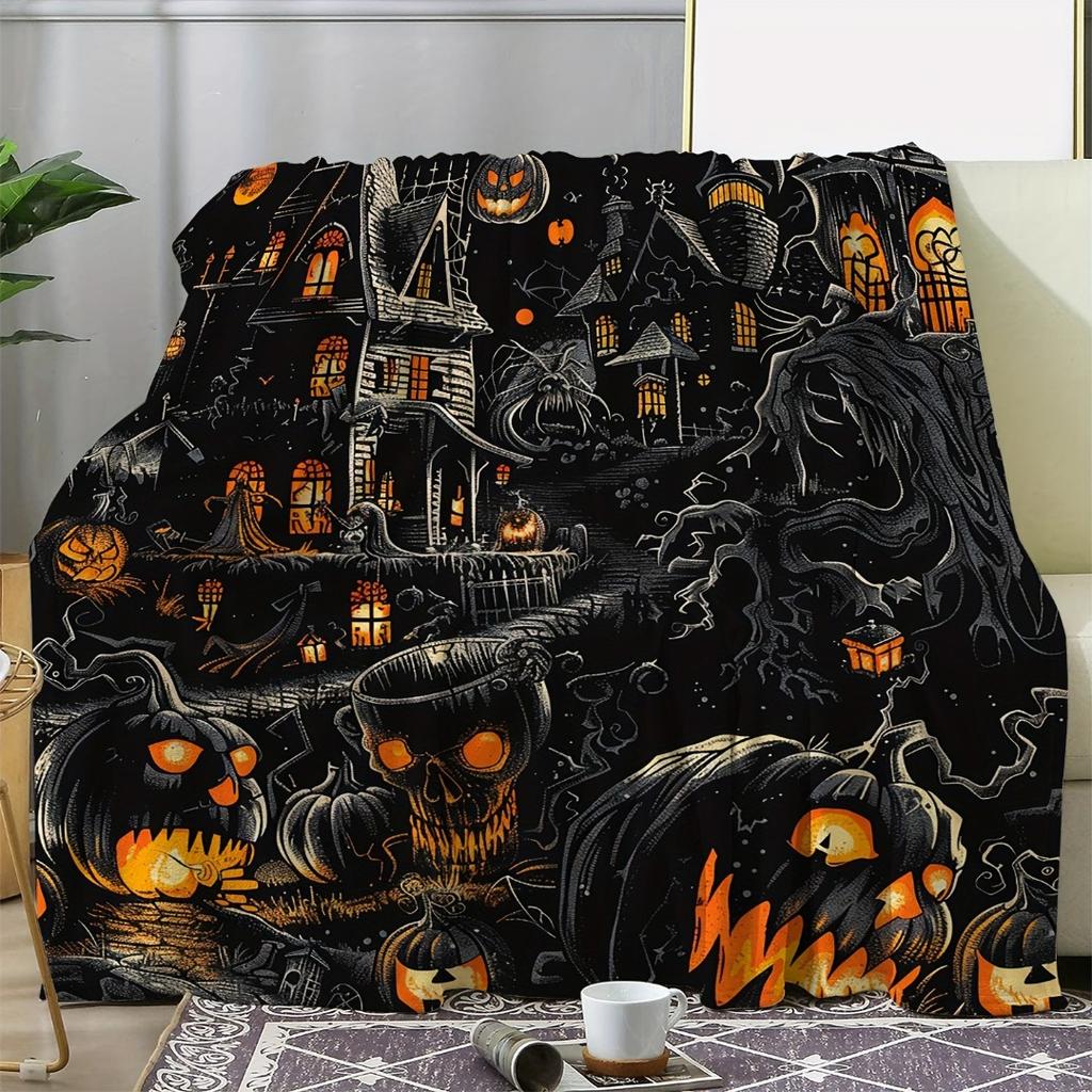 1pc Black Halloween Blanket Evil Pumpkin Castle Printed Skin-Friendly Soft Blanket 2025 New for Home Sofa Halloween Decoration