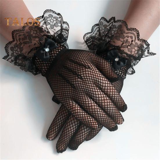 1 par ballhansker for kvinner Gjennomsiktig blonderbue Faux Pearl Dekor Hollow Out Fishnet volangkant Tynn Helfinger Forestillinger Brude Bryllupshansker