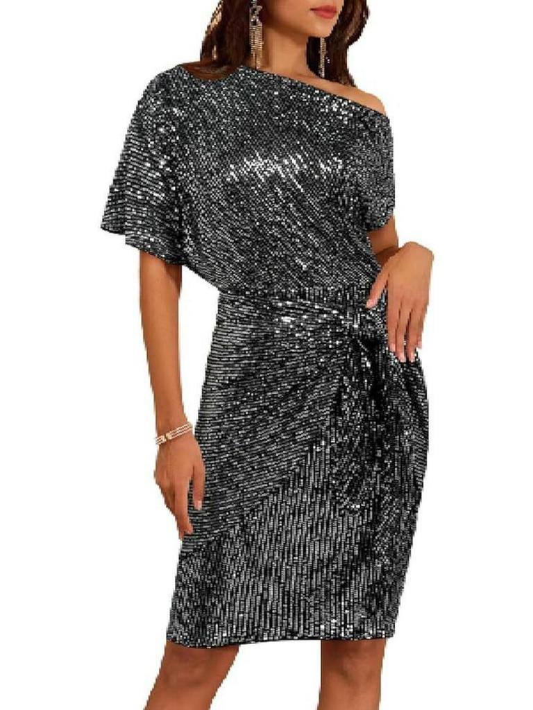 Shiny Sequin Trim One-Shoulder Beaded Mesh Formal Dress for Women