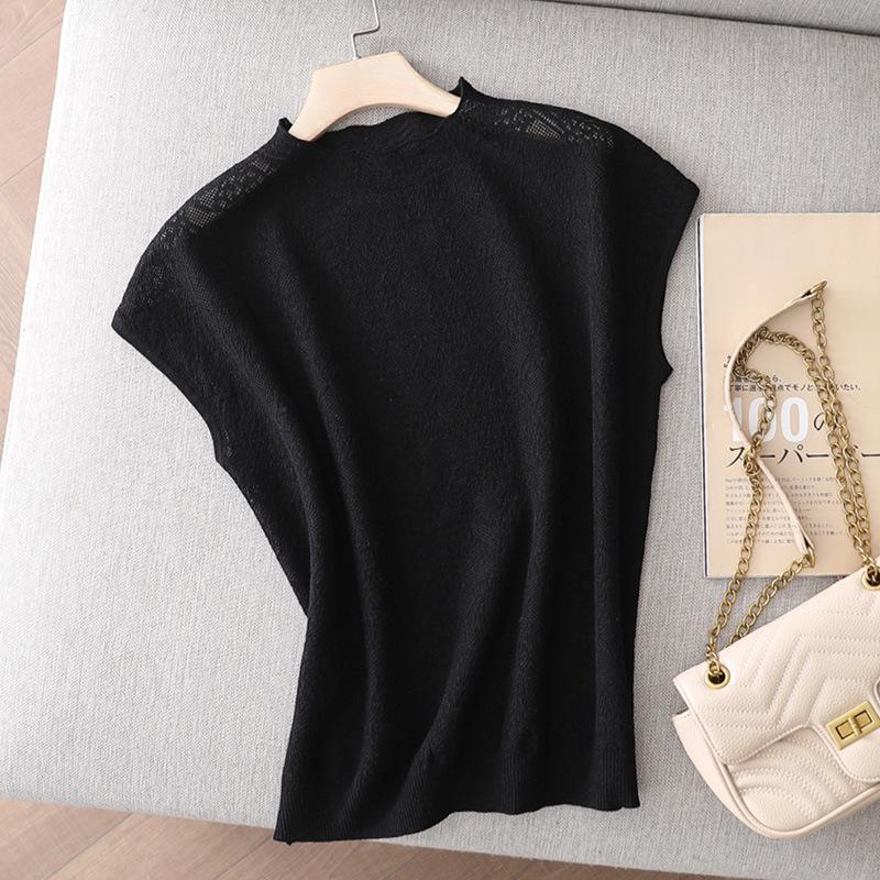 

Жаккардовая ажурная трикотажная футболка с короткими рукавами, женская тонкая свободная трикотажная основа свитера, верхняя часть рубашки one size чёрный