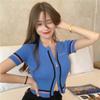 Double Zipper Slim Knit Sweater Top for Women's Summer Korean Version with Exposed Navel Short Sleeved T-shirt