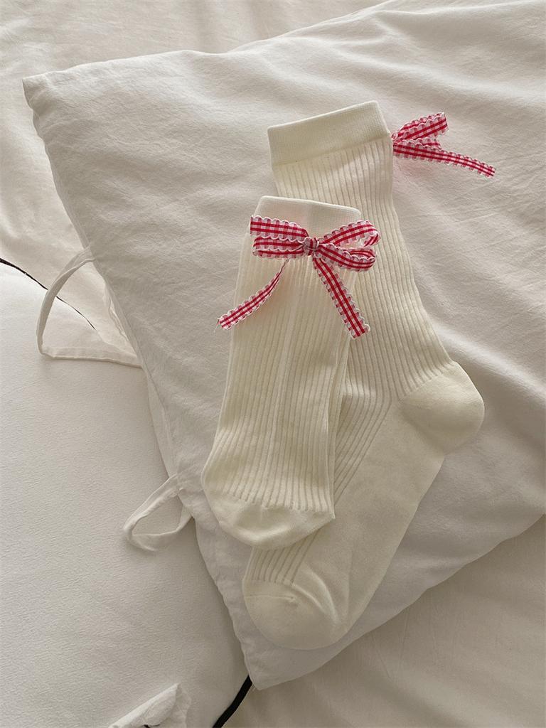 Plaid Bow Stacking Socks Small Fresh Black And White Gray Medium Tube Socks Trendy Ballet Style