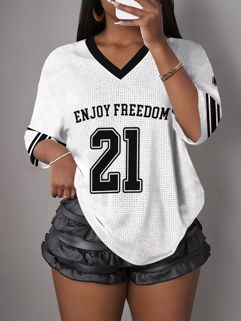 Women's Los Angeles NO.21 Print V-Neck Short Sleeve T-Shirt Summer Graphic Tee Hole Mesh Jerseys Plus Size Sport T-Shirt