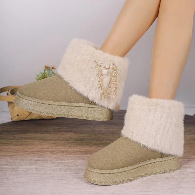 Bottes de neige en velours à plateforme avec chaîne en métal pour femmes, grande taille 36-42, chaussures décontractées à semelles souples, tendance