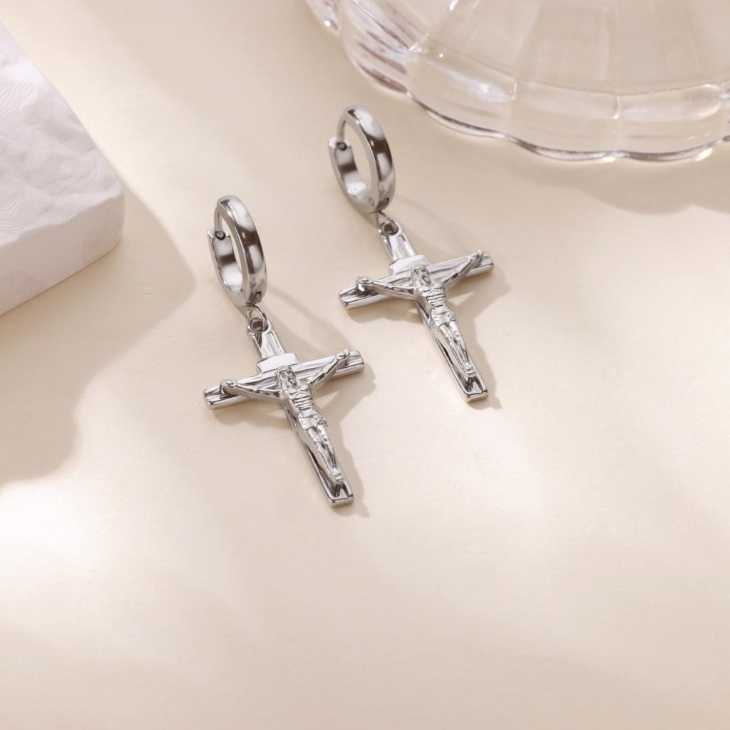 Vintage Jesus Kreuz Edelstahl Creolen Ohrringe für Damen Gebet Jungfrau Maria Anhänger Ohrringe Weihnachts Schmuck