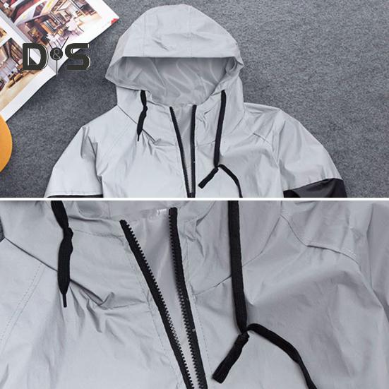 Men Autumn Windbreaker Hooded Drawstring Long Sleeve Reflective Color-Blocked Jacket Coat Zipper Placket Pockets Street Style Outwear