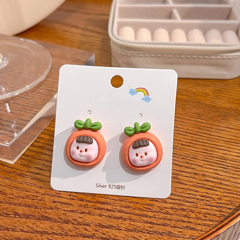 Summer Cartoon Cute Fruit Anthropomorphic Q Version Fun Girl Stud Earrings Peach Cow Flowers