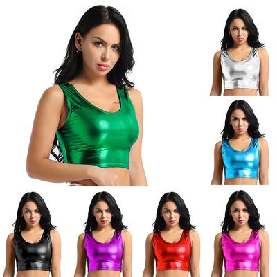 Women's Shiny Metallic Sleeveless Crop Top Disco Dance Tee Shirt Blouse Vest Clubwear