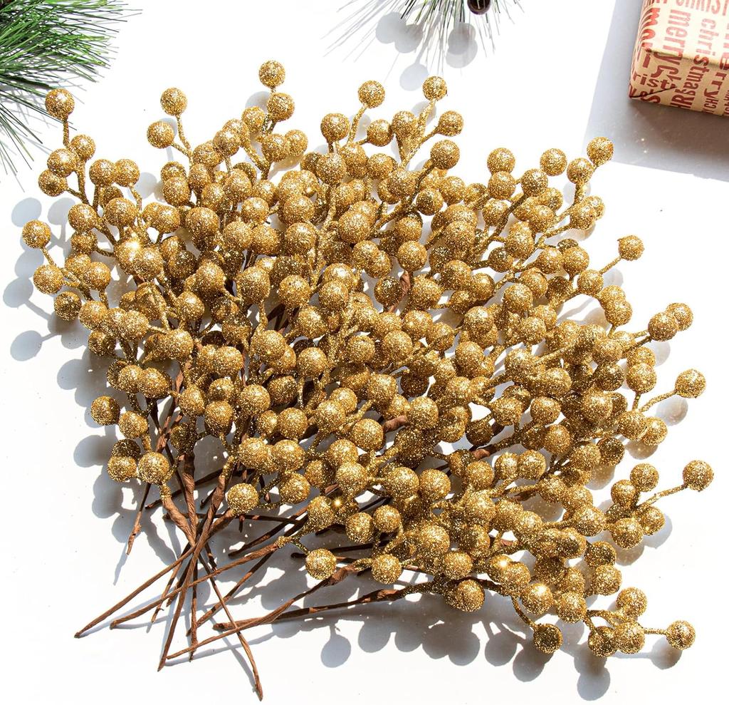32 Pack Glitter Christmas Picks, 6.5-Inch Red Artificial Berry Stems for Xmas Tree & Home Decor