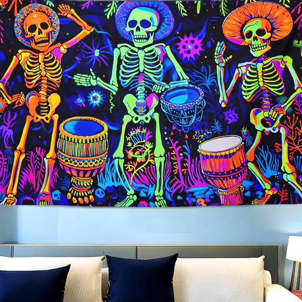 CJSLIFEART Blacklight Skull Tapestry Percussion Small Concert Fluorescent Starry Sky Bedroom Tapestry Background Wall Decoration