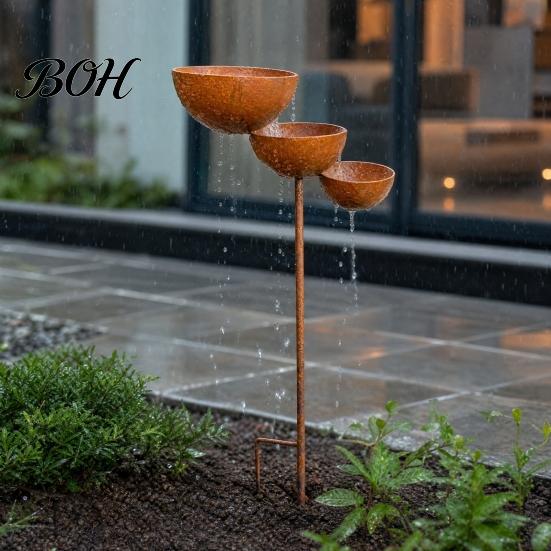 Rustic Iron Garden Decor 3 Tiered Cascading Rain Catcher Bird Bath, Metal Stake Water Three-level Waterfall Feeder Bowl Feeder, Outdoor Pollinator