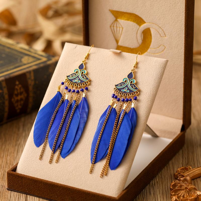 Bohemian Ethnic Feather Tassel Dangle Earrings For Women Trendy Long Beads Indian Drop Earrings Female Vintage Boho Jewelry Gift