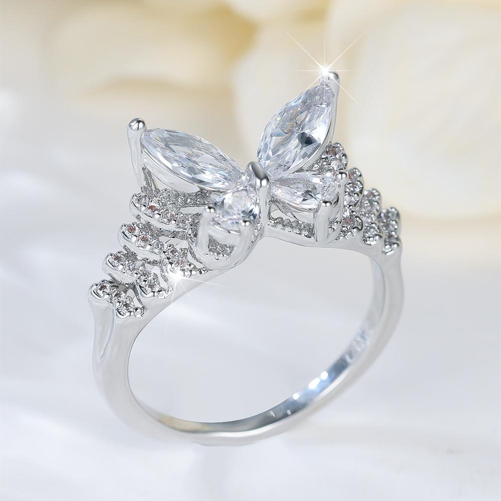 Elegant White Zircon Butterfly Rings for Women Simple Silver Color Wedding Band Gifts Jewelry