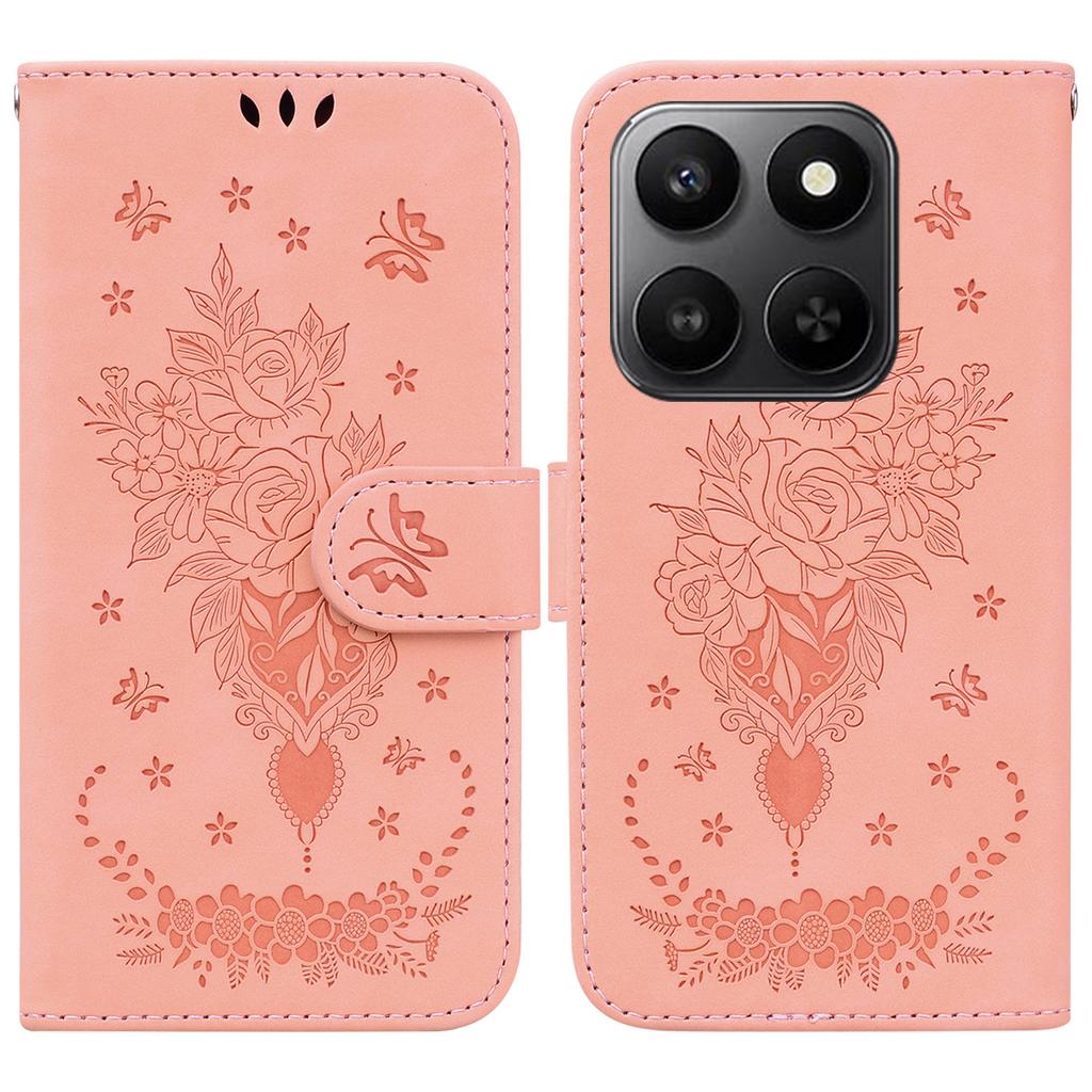 For Honor 400 Smart 5G/4G/X7d 4G Case Butterfly Flower Imprint PU Leather Wallet Phone Cover with Strap