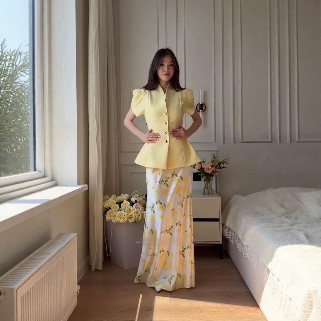 European and women's new French V-neck short-sleeved waist cardigan floral wide pendulum long skirt set