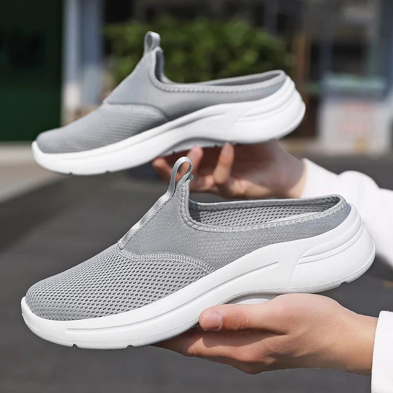 Mens Half Slippers Summer Breathable Mesh Mens Shoes Outdoor Casual Walking Shoes Large Flat Light Mesh Slippers Sandals