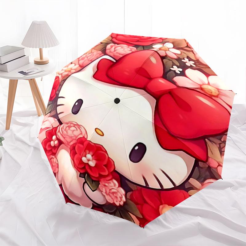 

1pc Hello Kitty Red Bow Floral Print Umbrella - Automatic Open/Closed, Portable Folding Design, 8-Bone Iron Frame, Outdoor, Ideal Gift for Fans, Trave