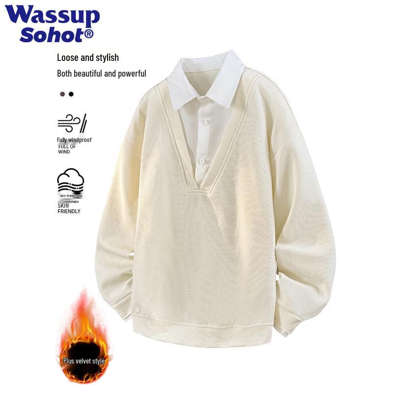 Wassup Sohot Men's Faux Two-Piece Heavyweight Polo Sweatshirt