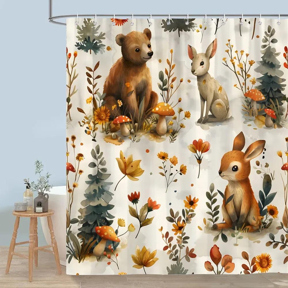 Cute Forest Animals Shower Curtain Winter Snow Fox Red Bird Deer Bear Rabbit Polyester Shower Curtains Bathroom Decor with Hooks